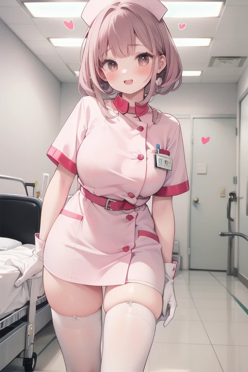 1girl, solo, nurse, nurse cap, white wear, ((white legwear, zettai ryouiki)), white gloves, pink hair, drooping eyes, ((covered nose)), standing, ((hospital room)), sharp outline, short sleeves, best quality, masterpiece,Fleshy,Brown eyes,Fleshy,Black hair,happy,lol,Heart,red waistband,Black clothes,