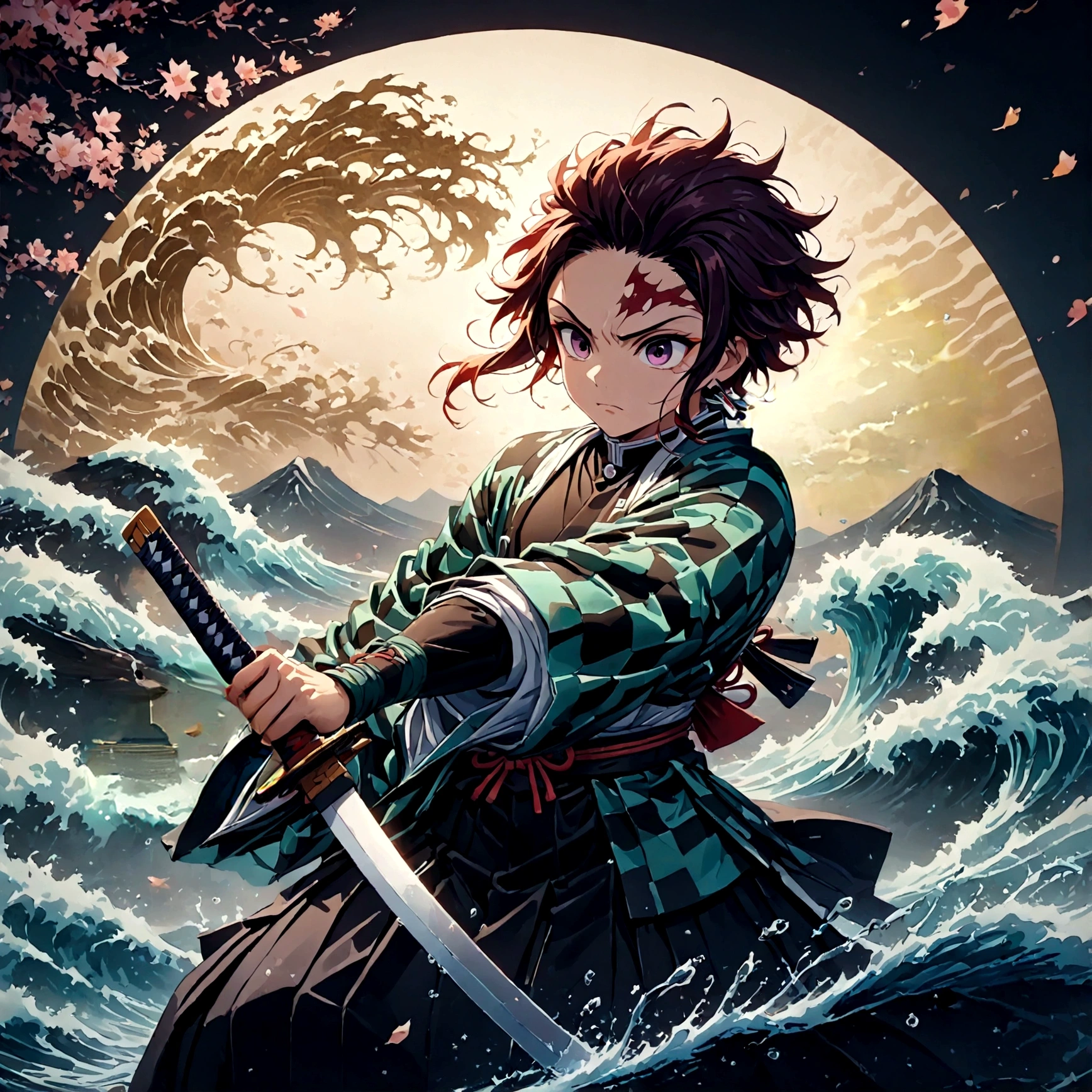 Fixes,(1 male,Tanjiro Kamado,Demon slayer,Tanjiro Costume),Tanjiro has a sword,Anatomically correct,Sword fighting style,Serious expression,Desperate look,Betting everything on the next blow,Dynamic pose,At the time of the decisive battle,(Create an artistic background,(Use gold leaf),Water and fire effects,Beautiful light and shadow,Body Ogata Style),Wave pattern,artwork,rendering,Dynamic pose,(masterpiece:1.3),(Highest quality:1.4),(Very detailed:1.5),High resolution,Very detailed,unity 8k wallpaper,Dark fantasy,Intricate details,tension,Glare,force,Decadent elements,fighting spirit,energy,break,(The sword used was a Japanese sword...,Japanese swords are straight and have a metallic luster....,Please hold the handle of the Japanese sword..,Structurally correct,Beauty like a Japanese sword,The correct length of the sword.,(Water effect around the sword: Japanese Wave pattern)),break,Perfect Anatomy