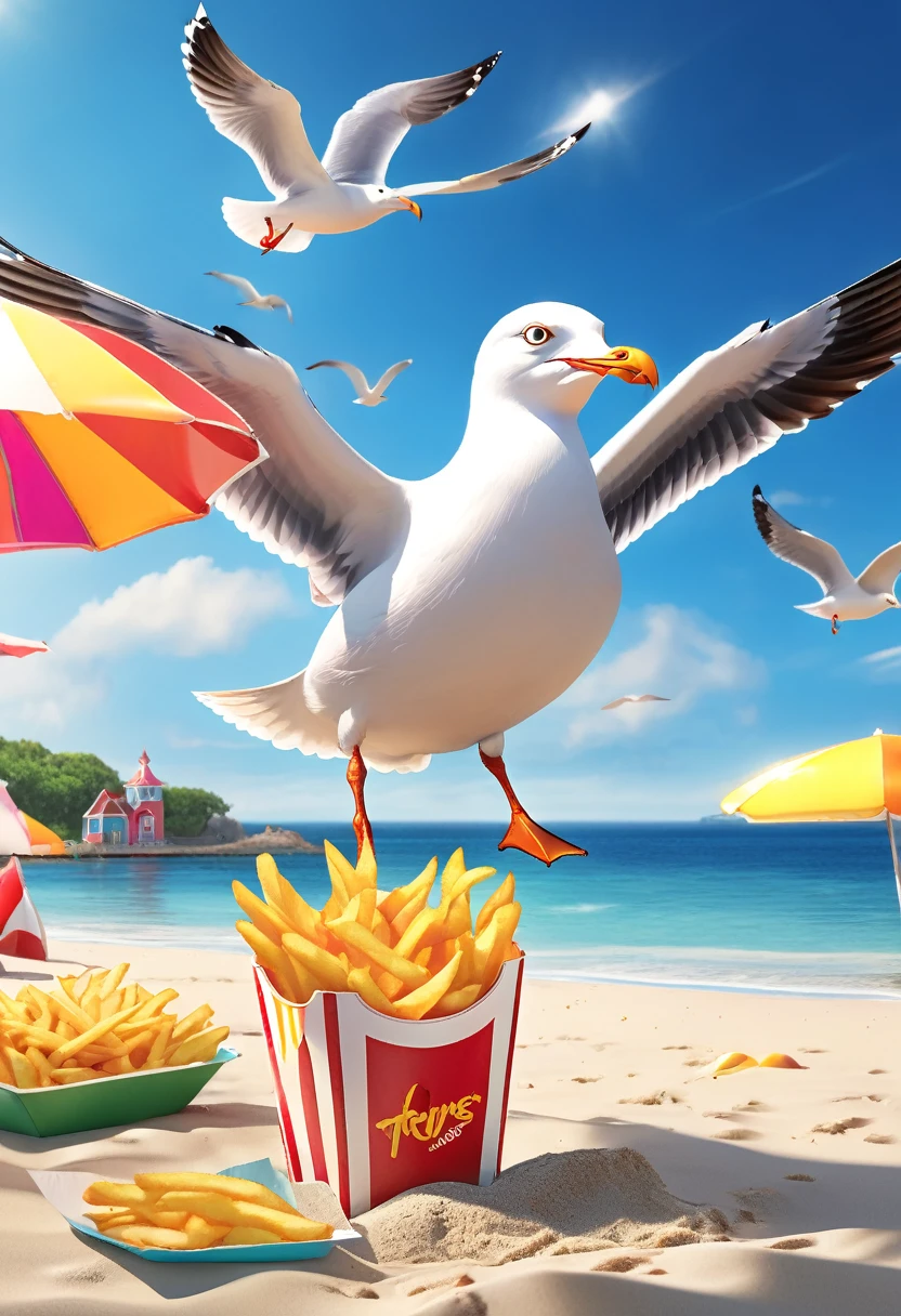 ((well-defined cartoon style:1.4)), ((a seagull stealing fries from a person on the beach, flying with the fries in its beak, funny satirical image:1.5)), ((cartoon of the 90;1,41)), colorful, vibrant colors, bright lighting, detailed character design, whimsical, imaginative, (best quality, 4k, 8k, high resolution, Masterpiece:1.2), ultra detailed, (realistic, photorealistic, photorealistic : 1.37), highly detailed, dynamic composition, 3D rendering, 8k, studio lighting, sharp focus, vivid colors, magical realism