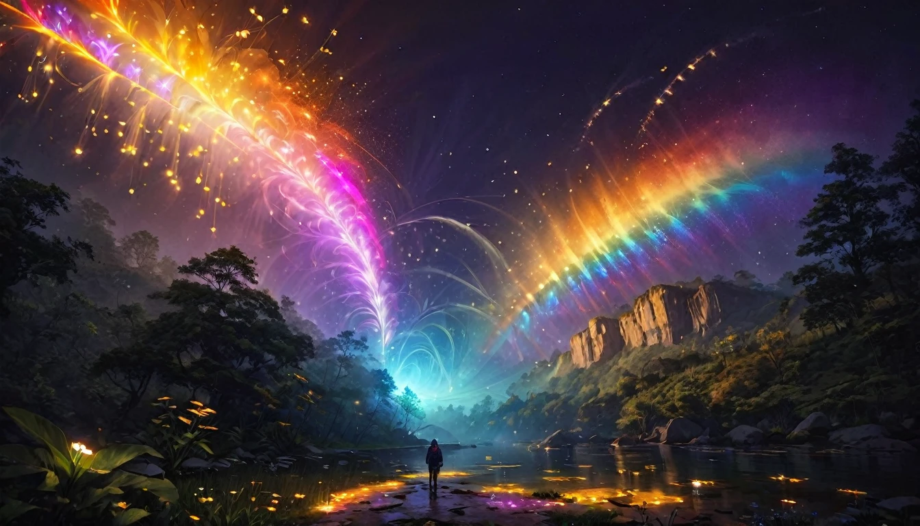 Zion National Park, (Warm Light: 1.2), (Firefly: 1.2), Light, Lots of purple and orange, Intricate details, Volumetric Lighting Break (masterpiece: 1.2), (Highest quality), 4K, Very detailed, (moving composition: 1.4), Rich color and detail, (Rainbow colors: 1.2), (Shine, Atmospheric lighting), dream-like, magic, (alone: 1.2),Chill,Electro,Chillout, god々Shii,