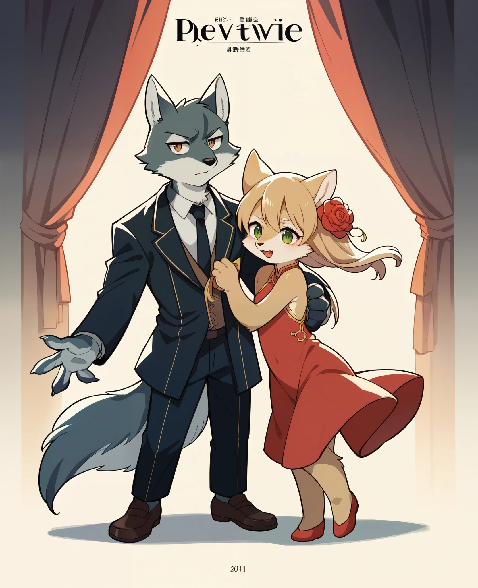 movie poster, movie artwork, concept art of love, romance novel cover, highres, top quality, best quality, perfect artwork, absurdres, perfect anatomy(couple, young 1male detective, 1woman in Chinese dress)(furry, kemono, anthro))with some elements of 007, battle,