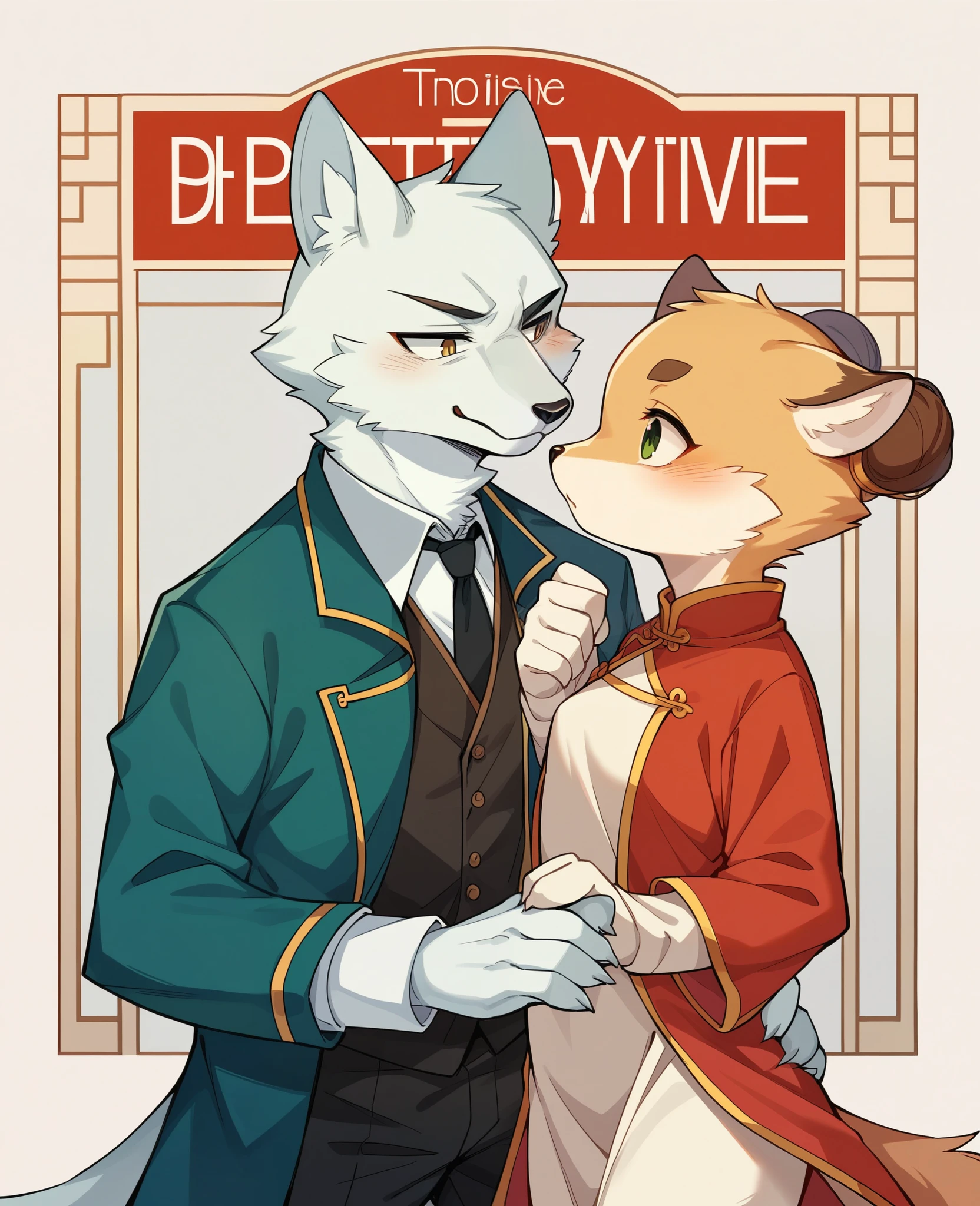 movie poster, movie artwork, concept art of love, romance novel cover, highres, top quality, best quality, perfect artwork, absurdres, perfect anatomy(couple, young 1male detective, 1woman in Chinese dress)(furry, kemono, anthro))with some elements of 007, battle,