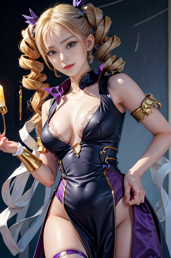 Highest quality Masterpiece 8K Super fine Beautiful face one girl realistic Perfect Human Anatomy The perfectly structured human hand ((Super Drill Twintails)) Platinum Blonde Hair Body Plump 18-year-old Shiny skin Slit eyes Thick makeup in Chinese style Narrow eyes Long eyelashes Cao Cao Warlene Awkward gaze An inappropriate smile Leather sleeveless outerwear Transparent white lace inner Purple hair ribbon decorated with a gold skull slender Super big tits sfw