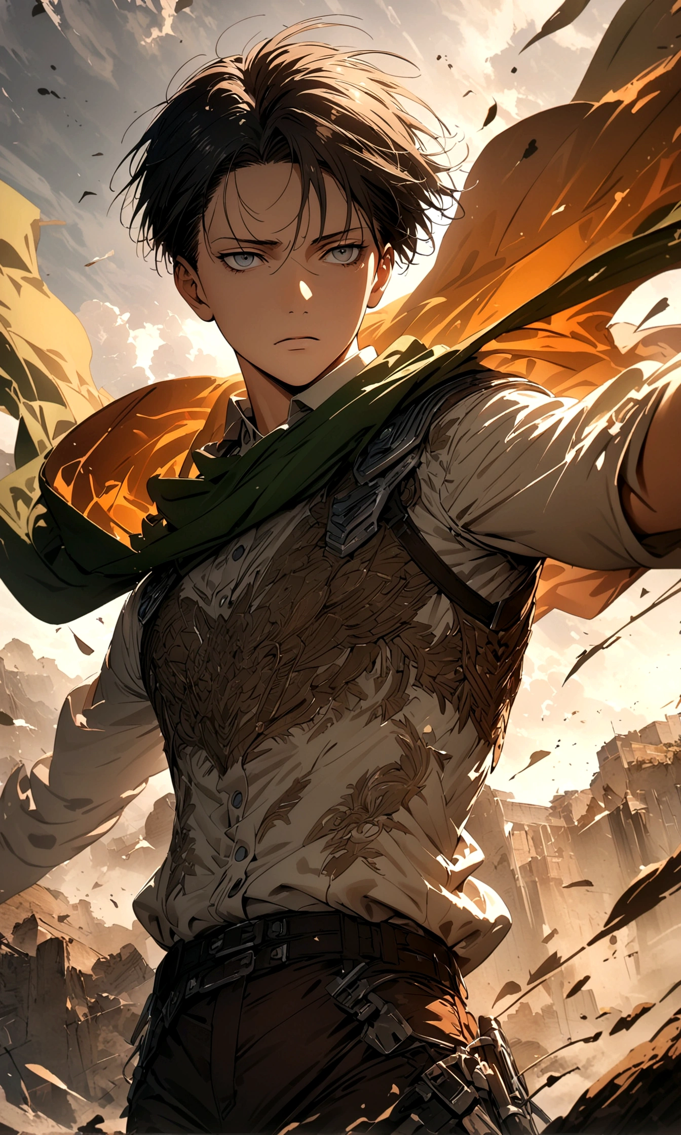 1 male,Levi Ackerman,Attack on Titan,,Intricate details,Wide range of colors,artwork,rendering,(masterpiece:1.3),(highest quality:1.4),(Super detailed:1.5),High resolution,Very detailed,unity 8k wallpaper,Decadent,Wind