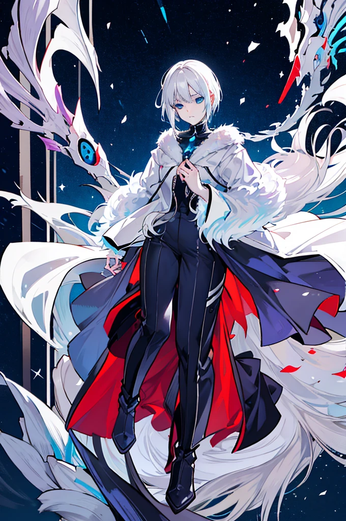 Sigrid, also known as "Divinity," possesses a captivating appearance that exudes an otherworldly aura. As a young male humanoid, Sigrid stands at a height of 5 foot 8, with a slender and delicate frame. His ethereal presence is further enhanced by his striking features - white hair cascading down like a waterfall and piercing blue eyes that seem to hold the secrets of the universe. Draped gracefully over Sigrid's slender form is a long overcoat, its dark blue hue contrasting against his pale complexion. The overcoat gracefully extends below their knees, its fabric adorned with intricate patterns that seem to dance and intertwine with each other. It is a testament to the artistry and craftsmanship that went into its creation. Beneath the overcoat, a dark gray shirt peeks through, bearing a bold symbol at its center - a large X. This X, a striking juxtaposition of red and purple, serves as a visual representation of the duality that resides within Sigrid. It is a symbol that hints at the enigmatic nature of his being. Sigrid's attire continues with pants that elegantly taper down to their ankles, allowing for freedom of movement. Completing his ensemble are a pair of boots, sturdy yet stylish, providing a solid foundation for each step he will take. Upon closer inspection, one would notice the presence of four bands adorning Sigrid's jacket. Two bands encircle each arm, while the other two wrap around the area where his rib cage would be located. These bands, a shade of dark gray, serve as a subtle accent to his overall attire. Delicately patterned Xs adorn the bands, positioned at four even angles, with a single line traversing through all of them. It is a meticulous detail that adds a touch of mystique to Sigrid's ensemble. Sigrid, known as "Divinity," is a vision of elegance and intrigue. His appearance, from the flowing white hair to the intricate patterns on their attire, is a testament to his unique and captivating nature
