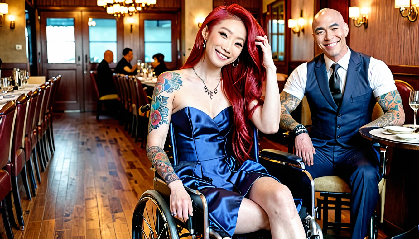 (Uhd, photo of Cami, subject: Noriko, 1/2 Japanese 1/2 Hainu skinny girl with long red hair in a large wheelchair, blue+++ eyes, oval face, LGBTQIA+, queer, punk style, wearing formal dress, buttefly hairclip, tattooes) + (photo of Marvin: full body muscular core style; Handsome American man, very tall and very muscular, smiling, bald, wearing formal gown). They are in a luxurious restaurant having dinner.