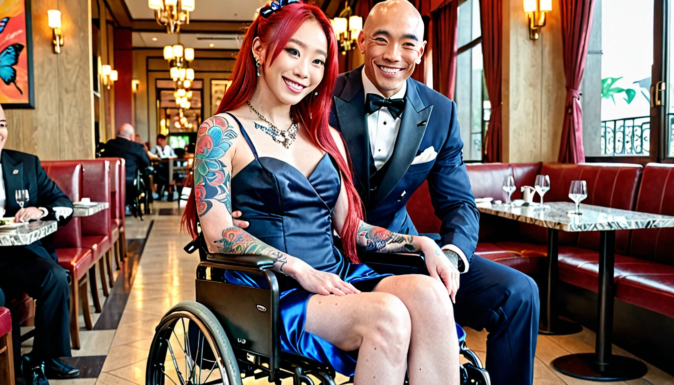 (Uhd, photo of Cami, subject: Noriko, 1/2 Japanese 1/2 Hainu skinny girl with long red hair in a large wheelchair, blue+++ eyes, oval face, LGBTQIA+, queer, punk style, wearing formal dress, buttefly hairclip, tattooes) + (photo of Marvin: full body muscular core style; Handsome American man, very tall and very muscular, smiling, bald, wearing formal gown). They are in a luxurious restaurant having dinner.