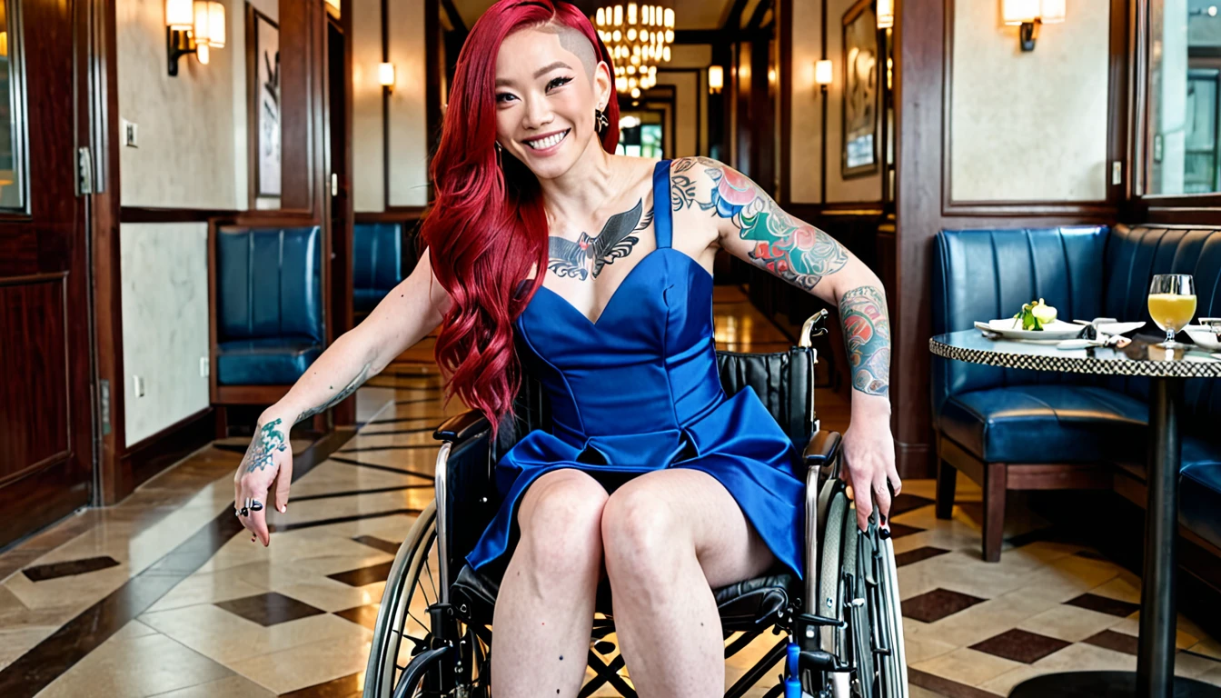 (Uhd, photo of Cami, subject: Noriko, 1/2 Japanese 1/2 Hainu skinny girl with long red hair in a large wheelchair, blue+++ eyes, oval face, LGBTQIA+, queer, punk style, wearing formal dress, buttefly hairclip, tattooes) + (photo of Marvin: full body muscular core style; Handsome American man, very tall and very muscular, smiling, bald, wearing formal gown). They are in a luxurious restaurant having dinner.