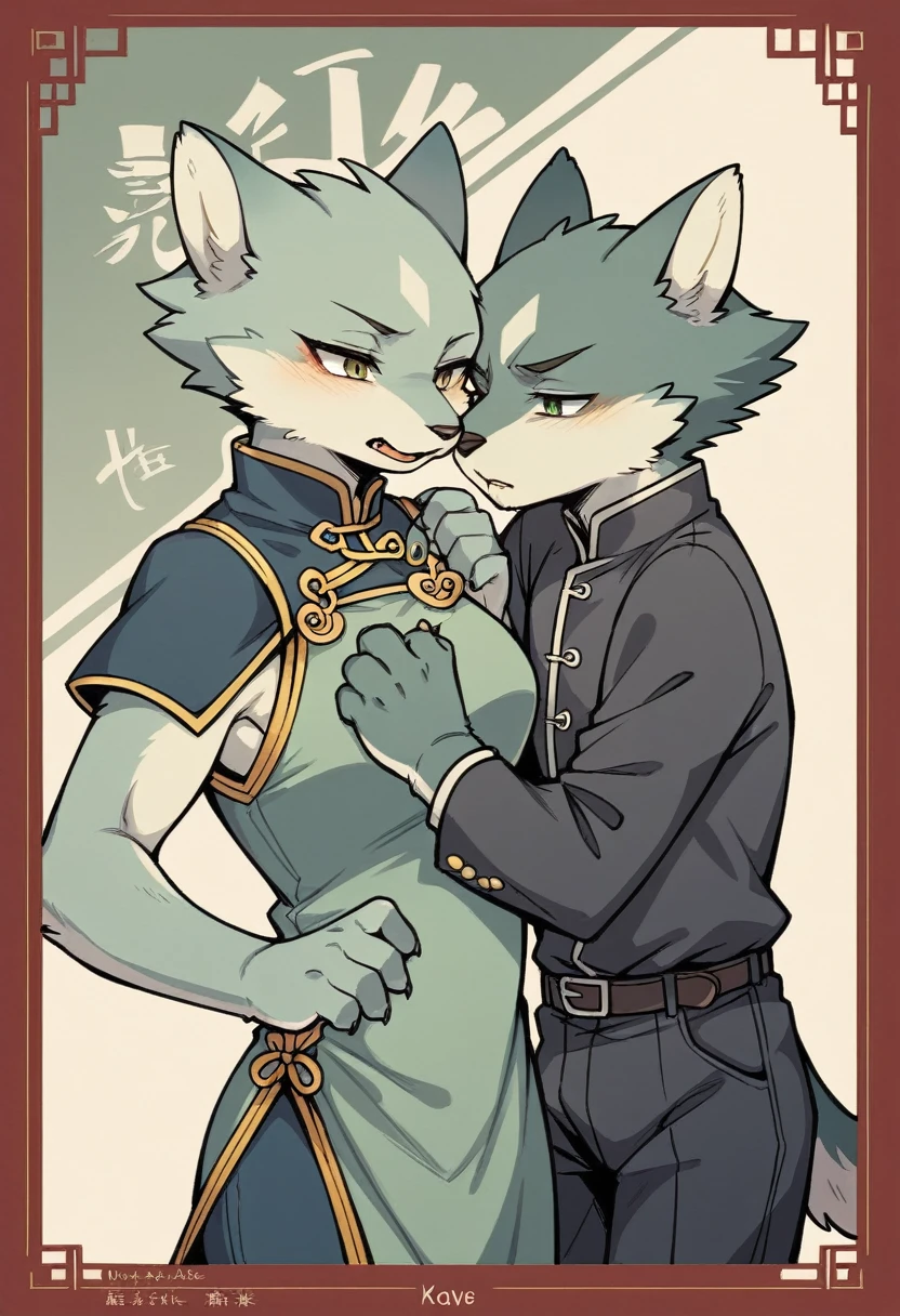 movie poster, movie artwork, concept art of love, romance novel cover, highres, top quality, best quality, perfect artwork, absurdres, perfect anatomy(couple, young 1male detective, 1woman in Chinese dress)(furry, kemono, anthro))with some elements of 007, battle,