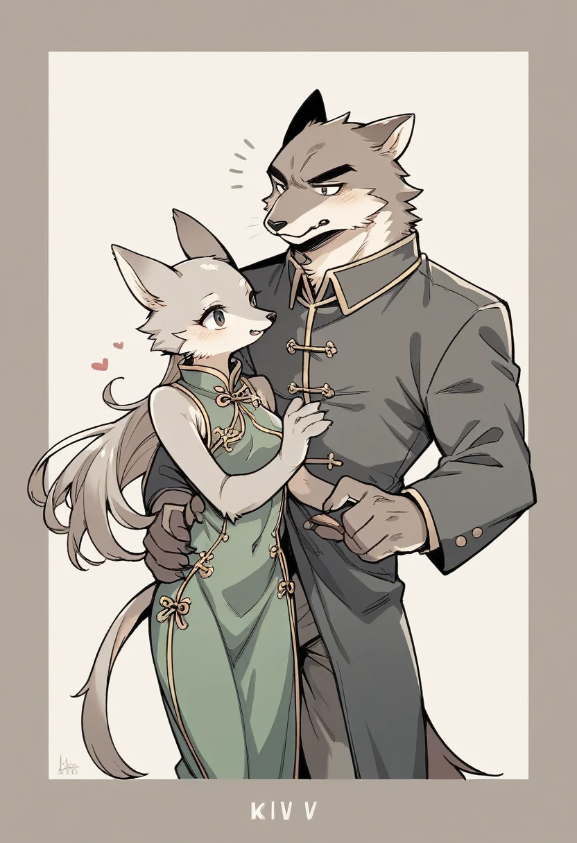movie poster, movie artwork, concept art of love, romance novel cover, highres, top quality, best quality, perfect artwork, absurdres, perfect anatomy(couple, young 1male detective, 1woman in Chinese dress)(furry, kemono, anthro))with some elements of 007, battle,