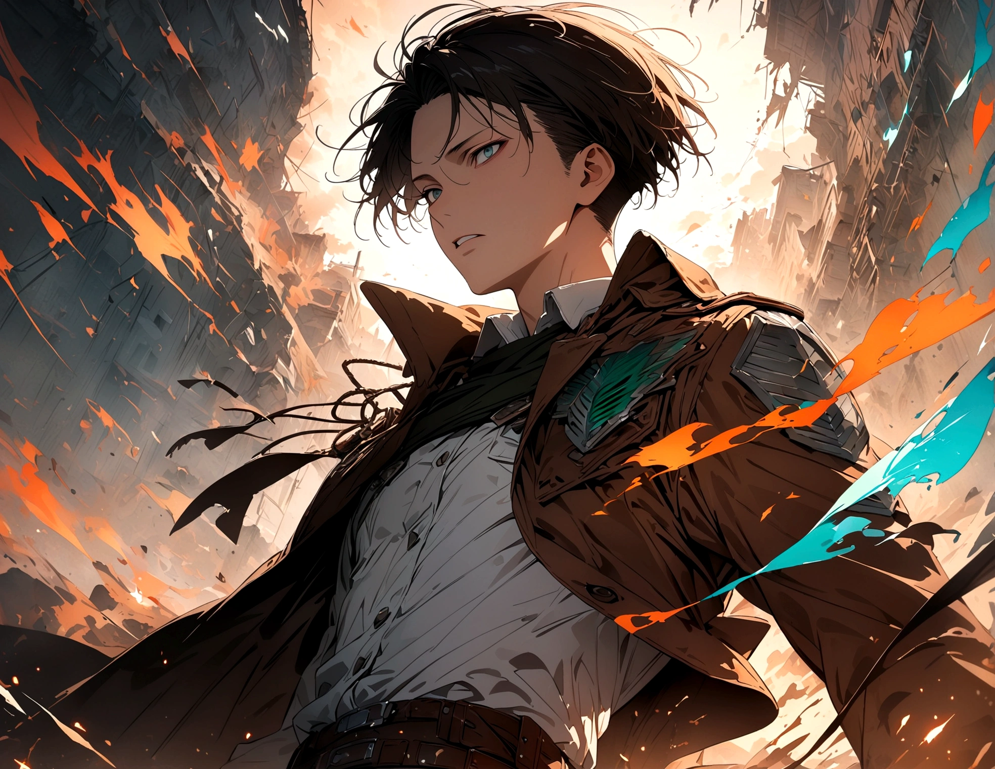 1 male,Levi Ackerman,Attack on Titan,,Intricate details,Wide range of colors,artwork,rendering,(masterpiece:1.3),(highest quality:1.4),(Super detailed:1.5),High resolution,Very detailed,unity 8k wallpaper,Decadent,Wind
