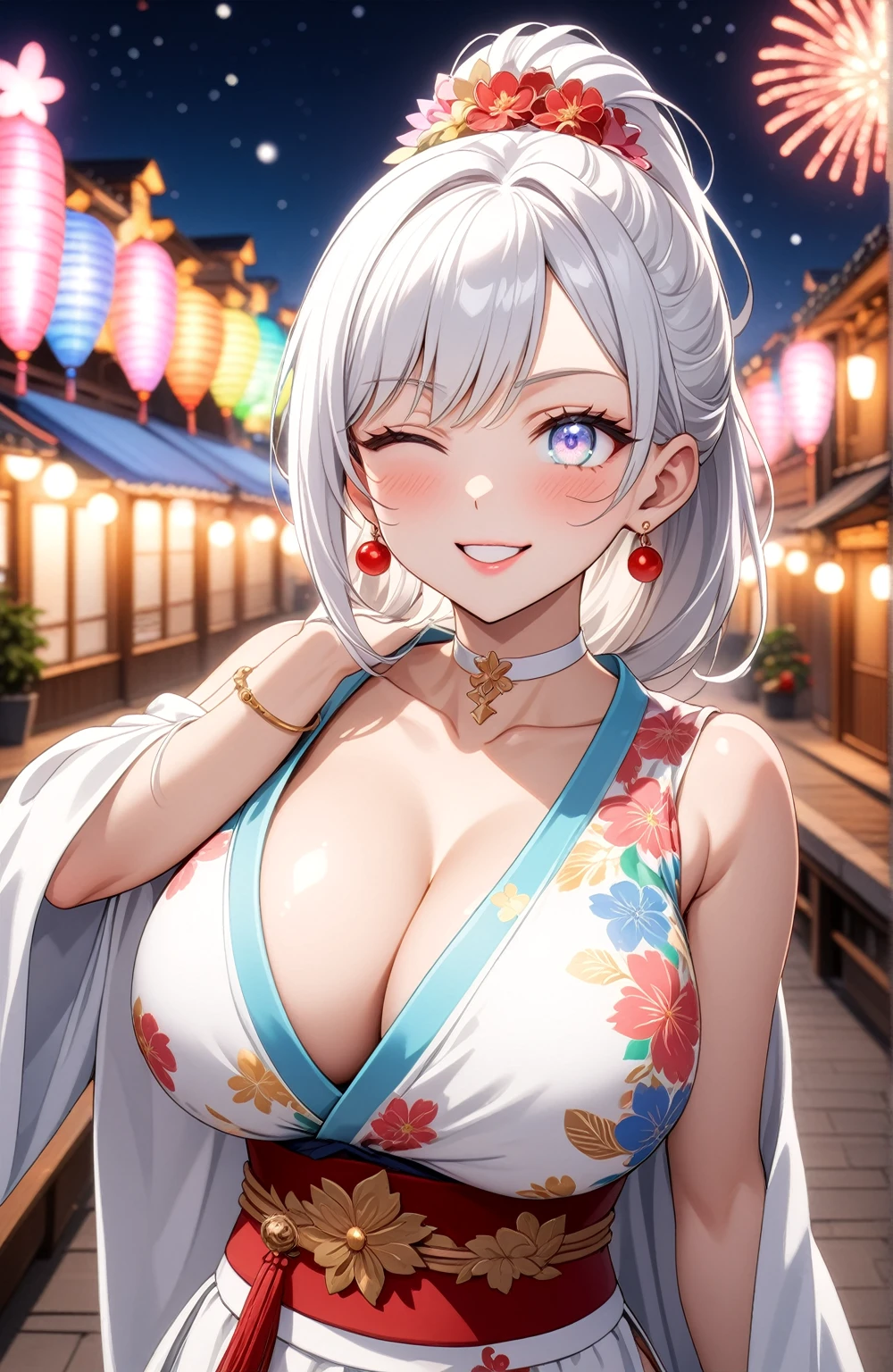 ((One personの女性)), Beautiful Face,Laugh shyly,((Wink:2.0)),Laugh with your mouth wide open((Bright red cheeks:1.4)),Glossy pink lips,night,rooftop,Festive decorations,You can see the ocean, firework,Laughing with your mouth open,Glossy pink lips,Facial lighting,((Anime style background)),masterpiece, Highest quality, so beautiful,up to date, Complex details, (Pink long nails),(ring),(bracelet),(choker),AI-generated, Complex,High resolution, Highest quality, super high quality,3D Images、View your audience、3D Images,One person,Long white hair,High Ponytail,(blue eyes),Anime woman posing for a photo, ((fine grain、Silver-white colorful eyes、Shining Eyes:1.4)),(Squint your eyes:1.1),a hyperRealistic , hyperRealistic , Realistic,Anime woman with long white hair, Smooth anime CG art, A woman in a colorful kimono with gold embroidery, (black furisode),Red floral pattern,Long flower hair ornament,Big earrings,Mature Body,(Big Breasts:1.1),expensive,Abdominal muscles,Tight waist,(Zoom in on face:1.4),Shooting from an angle