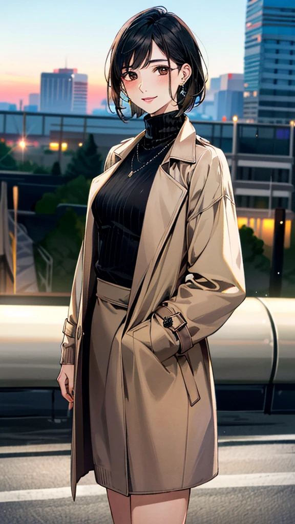 (masterpiece:1.3, Highest quality, Ultra-high resolution, Super detailed), (Realistic, photoRealistic:1.4), Beautiful illustrations, (Natural Side Lighting, Cinema Lighting), colorful, Depth of written boundary,
Beautiful detailed hair, Beautifully detailed face, Beautiful fine details, Beautiful clavicle, Beautiful body, 美しいLarge Breasts, Beautiful thighs, Beautiful feet, Beautiful fingers,
View Viewer、Front view:0.8, Beauty1人, Japanese, Beauty、30 years old, Perfect Face, (Perfect Anatomy, Anatomically correct), Cute and symmetrical face, , , Shiny skin,
((Open Court、Beige trench coat 1.4)), (Turtleneck sweater:1.4), (Long skirt 1.5)
(Black Hair, Short Hair:1.4), Dark brown eyes, Large Breasts, Slim body,
necklace, (Small earrings:1.3),
(Beautiful views), (night), (city, cityscape in the distance), Standing with good posture, A soft smile、(Smile, Lips parted),