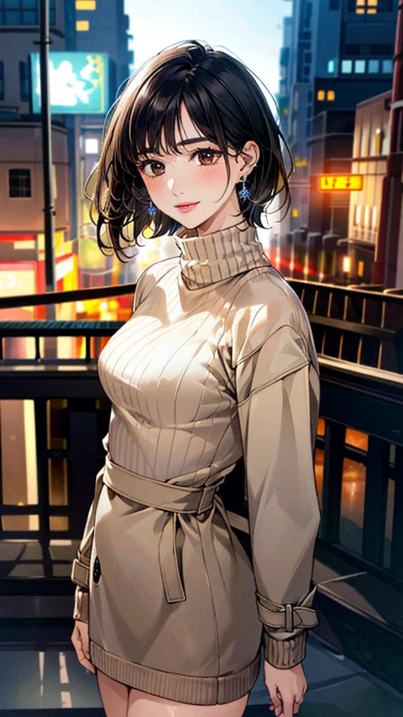 (masterpiece:1.3, Highest quality, Ultra-high resolution, Super detailed), (Realistic, photoRealistic:1.4), Beautiful illustrations, (Natural Side Lighting, Cinema Lighting), colorful, Depth of written boundary,
Beautiful detailed hair, Beautifully detailed face, Beautiful fine details, Beautiful clavicle, Beautiful body, 美しいLarge Breasts, Beautiful thighs, Beautiful feet, Beautiful fingers,
View Viewer、Front view:0.8, Beauty1人, Japanese, Beauty、30 years old, Perfect Face, (Perfect Anatomy, Anatomically correct), Cute and symmetrical face, Baby Face, , Shiny skin,
((Open Court、Beige trench coat 1.4)), (Turtleneck sweater:1.4), (Long skirt 1.5)
(Black Hair, Short Hair:1.4), Dark brown eyes, Large Breasts, Slim body,
necklace, (Small earrings:1.3),
(Beautiful views), (night), (city, cityscape in the distance), Standing with good posture, A soft smile、(Smile, Lips parted),