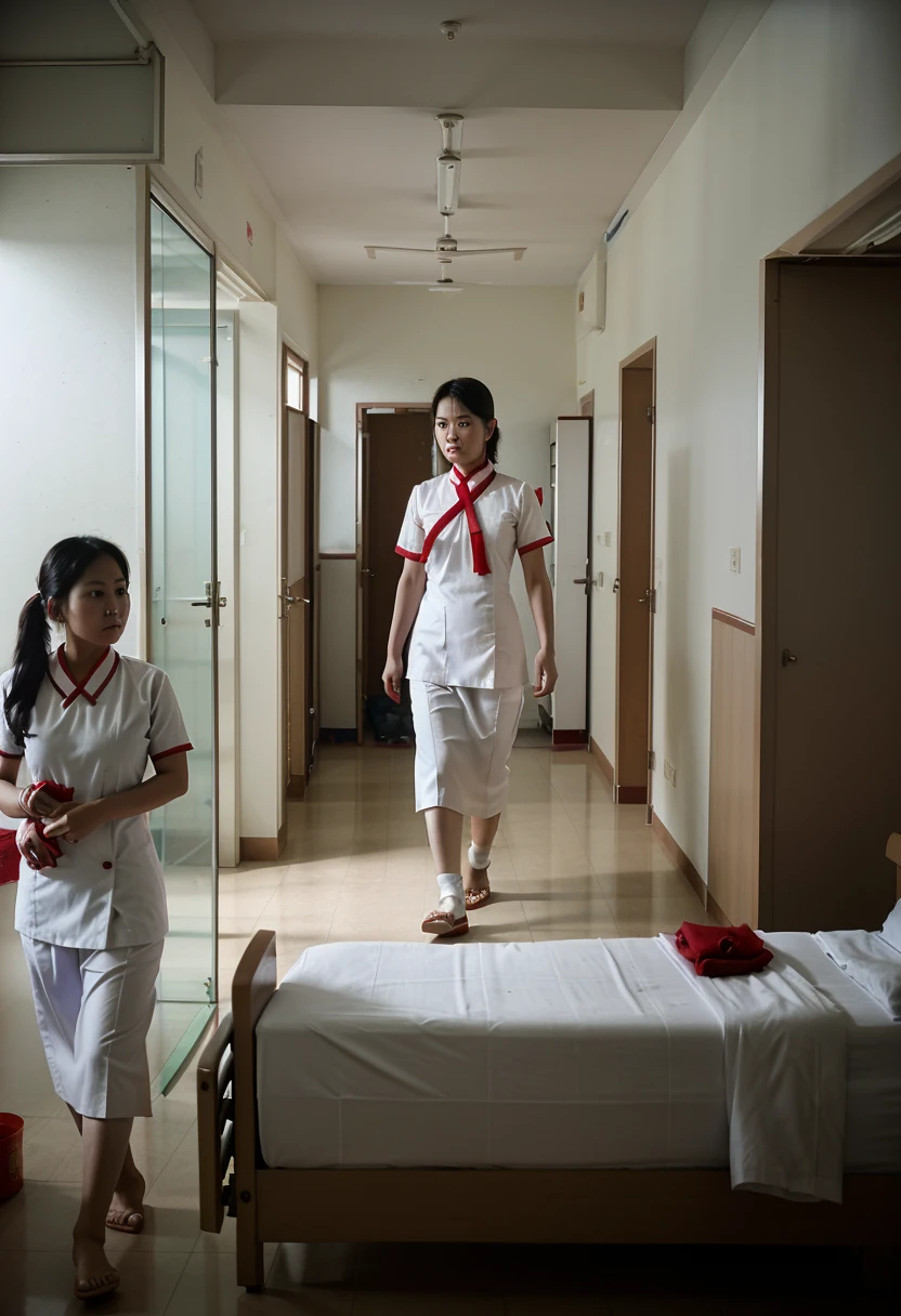 Myanmar hospital nurse, with red longyi and white blouse, uniform style, walking in Hospital patients dormitory, cinematic colours.