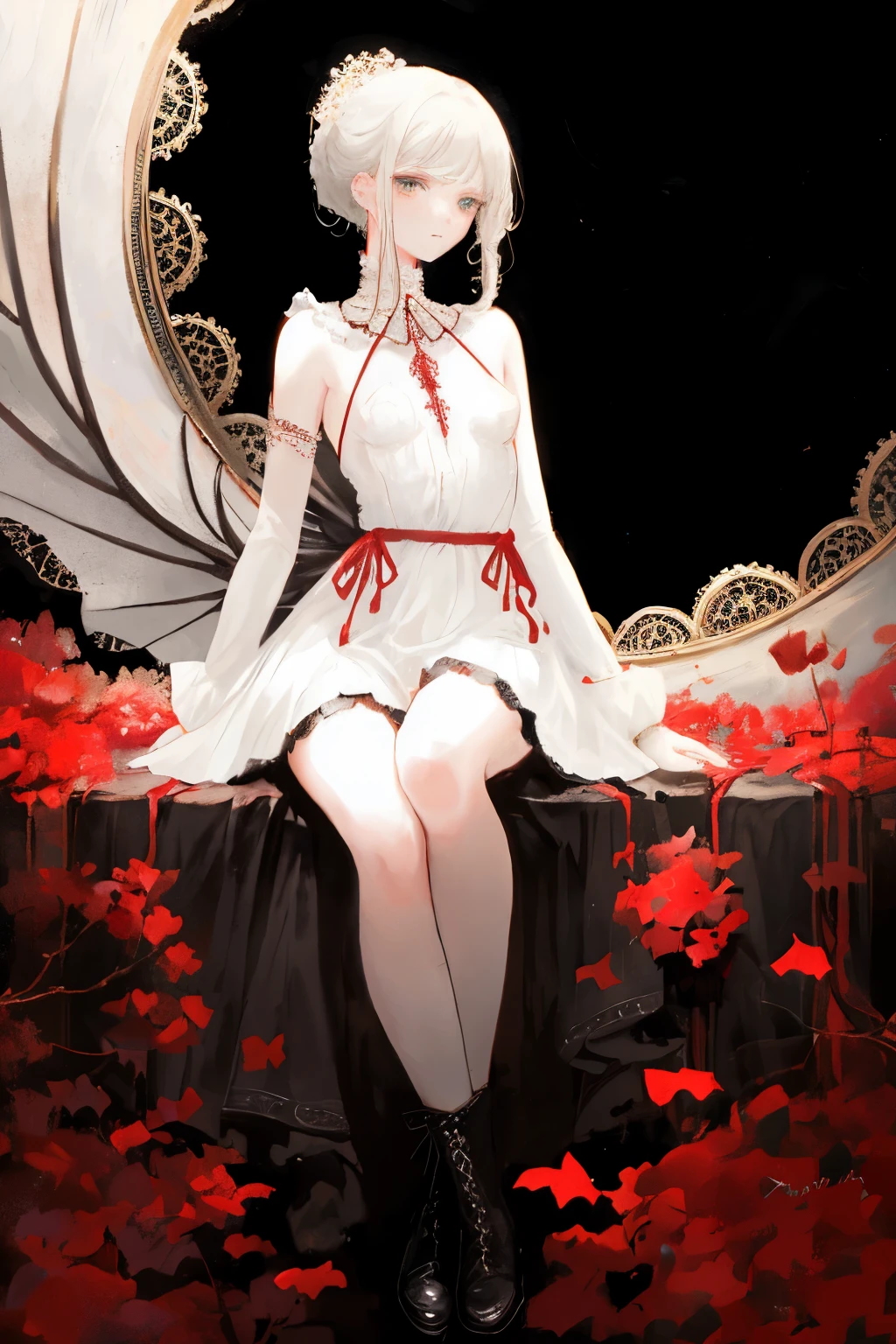  ((best quality)), ((masterpiece)), (detailed), 1girl, Character design, female, dynamic poses, long white grey hair, grey white eyes, very skinny, detailed, best quality, no accesoires around the neck, no shoes, prominent collarbones, skinny arms, flat stomach, visible hip bones, full body, blank white background, plain background, white background, red and white clothing, Bloodborne inspired, occult aesthetic, occult, detailed and intricate steampunk and detailed gothic, NSFW, Very dramatic and cinematic lighting, cosmic horror, grim-dark, side-lighting, perfect face, NSFW, Fluttering lace flared long knee length dress with frilly petticoats, knee length dress, pleated petticoats, petticoats gothic, complex lace boots, side-lighting, gothic aesthetic, wielding a mighty sword with mechanical components, mandalas, small breasts, a fairy, various different types of insect wings, NSFW, full body, whole body, body, plain background, white background, blank background, no background, white background NSFW, chains, full body, whole body, head-to-toe NSFW 