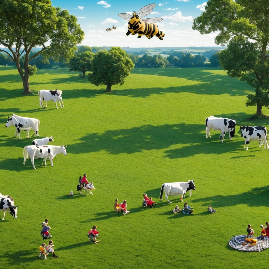 Flyng fairy cow boxing with a bee-teacher, in the background we see green field some trees, highy detailed, UHD, 1080p, high angle shot, 1990's movie poster,