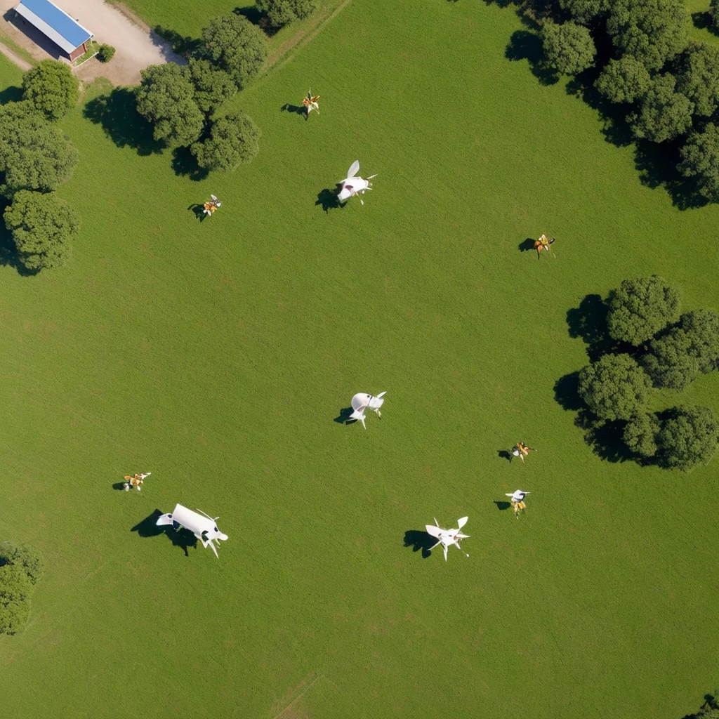 Flyng fairy cow boxing with a bee-teacher, in the background we see green field some trees, highy detailed, UHD, 1080p, high angle shot, 1990's movie poster, 