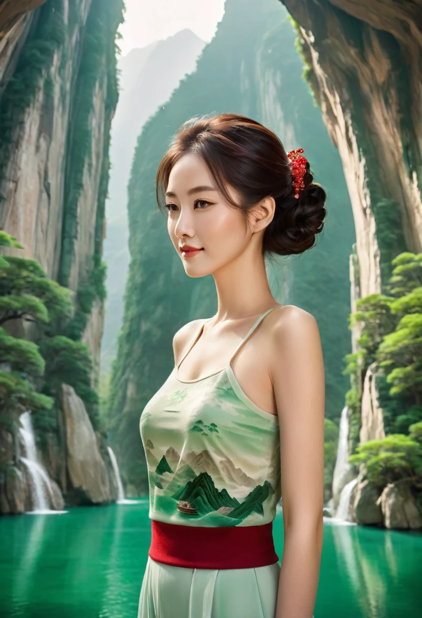 A woman stands in front of a huge jade screen,The jade screen is engraved with landscape paintings, Showing the intricate details of the mountains, river, and natural. , Practical, Jade Leggings, Solitary,Jade hair,ruby,Anatomically correct,Jade Set,Smile,beautiful. The woman's figure contrasts sharply with the exquisite jade artwork,Eye-catching composition,Highlights the beauty of natural and artistic elements in photos