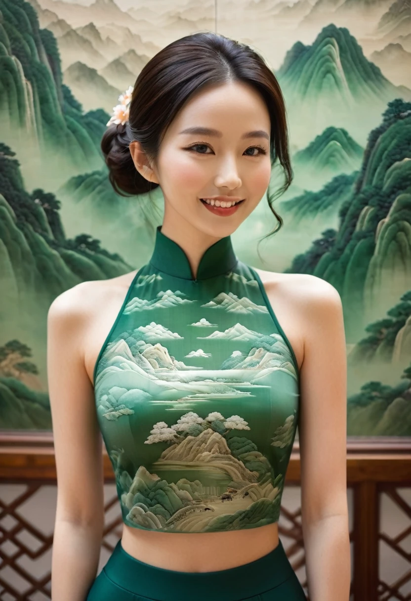 A woman stands in front of a huge jade screen,The jade screen is engraved with landscape paintings, Showing the intricate details of the mountains, river, and natural. , Practical, Jade Leggings, Solitary,Jade hair,ruby,Anatomically correct,Jade Set,Smile,beautiful. The woman's figure contrasts sharply with the exquisite jade artwork,Eye-catching composition,Highlights the beauty of natural and artistic elements in photos