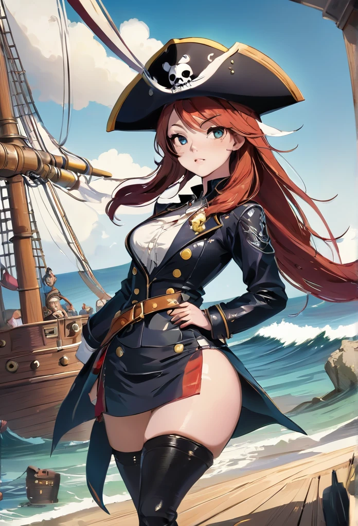 gostaria de um belo retrato perfeito realista altamente detalhado impainting 3D para este prompt: No meio de um mar brilhante sob o sol do meio-dia, a majestic pirate ship advances with its black sails full of wind. On deck, um lindo e destemido pirata, rosto perfeito, in a wide-brimmed hat and a leather coat, adornado com medalhas e faixas, raise your sword to the sky, urging the crew on with a cry of victory. Ao seu lado, uma linda pirata, rosto perfeito, fearless with an eye patch and a flowing silk blouse, segura um mapa antigo, indicating the direction to a hidden treasure. Your eyes shine with determination and adventure. Sea birds fly around the mast, e o mar cintila sob o sol, enquanto ao fundo, a silhueta de uma ilha misteriosa aparece no horizonte, prometendo segredos e riquezas.