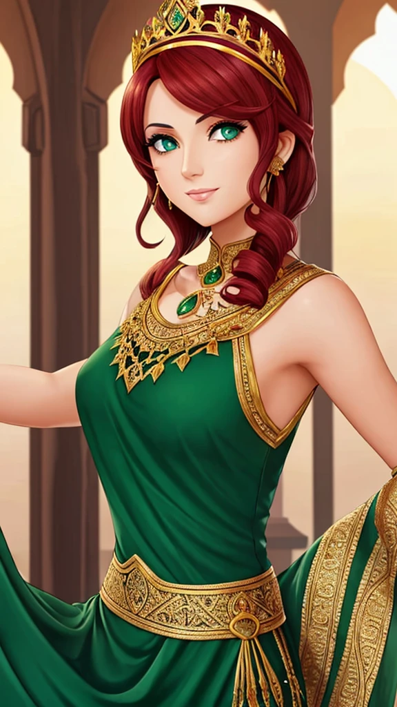 Arabic woman, beautiful green eyes, short red hair, a crown in one of her hand