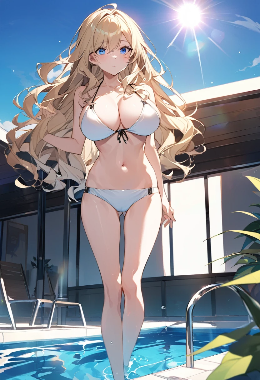 Blonde Wavy Hair Blue Eyes Fair skin Break Black Mesh cool Mature cute beautiful girl 164㎝ Poolside blue sky Light Blue Tile White Bikini Beautiful feet Long legs Thin waist thin feet stand sun bright sunlight Large Breasts Beautiful buttocks front