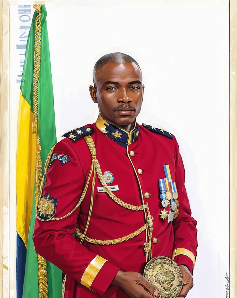 man in uniform holding a medal , Prince Adebanji, portrait n - 9, [ digital art, portrait de cérémonie, un sang-froid militaire impeccable, academy director, colored, General oligui, photographie de portrait en couleur,