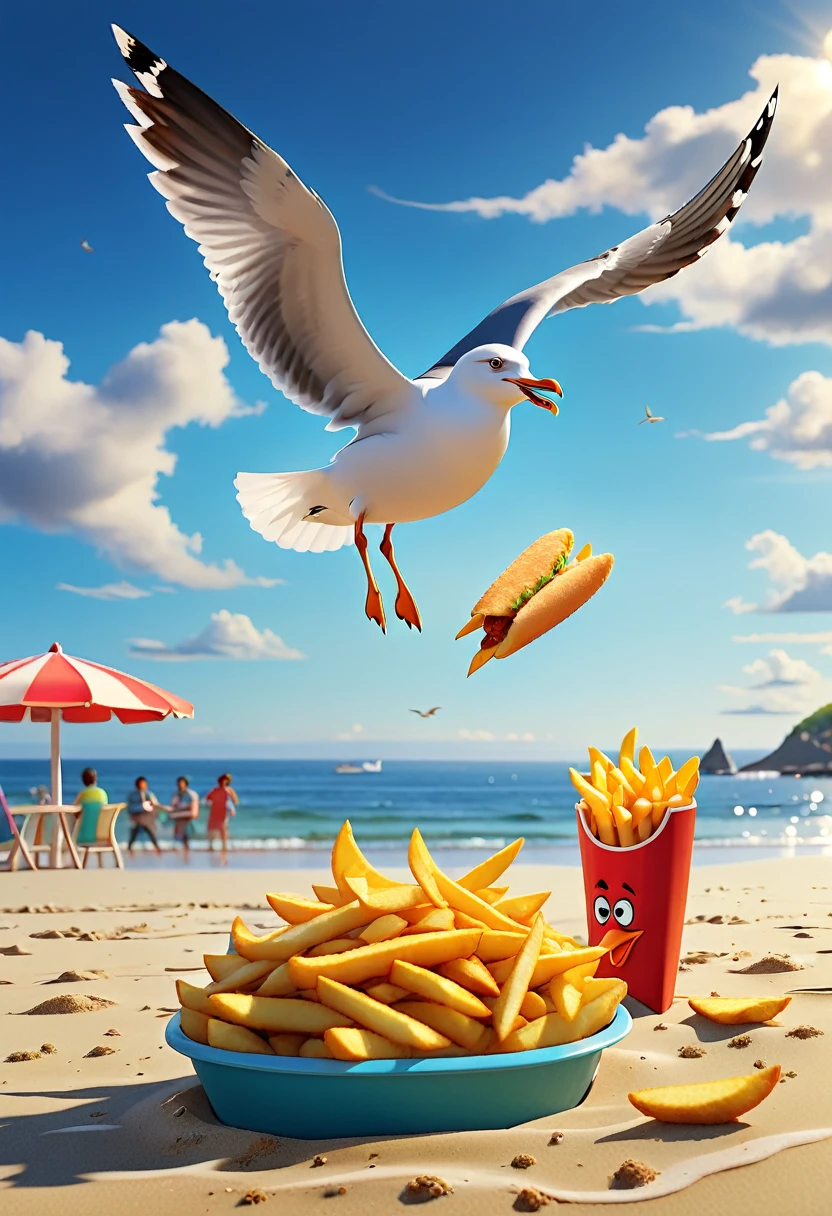 ((well-defined cartoon style:1.4)), ((a seagull stealing fries from a person on the beach, flying with the fries in its beak, funny satirical image:1.5)), ((cartoon of the 90;1,41)), colorful, vibrant colors, bright lighting, detailed character design, whimsical, imaginative, (best quality, 4k, 8k, high resolution, Masterpiece:1.2), ultra detailed, (realistic, photorealistic, photorealistic : 1.37), highly detailed, dynamic composition, 3D rendering, 8k, studio lighting, sharp focus, vivid colors, magical realism