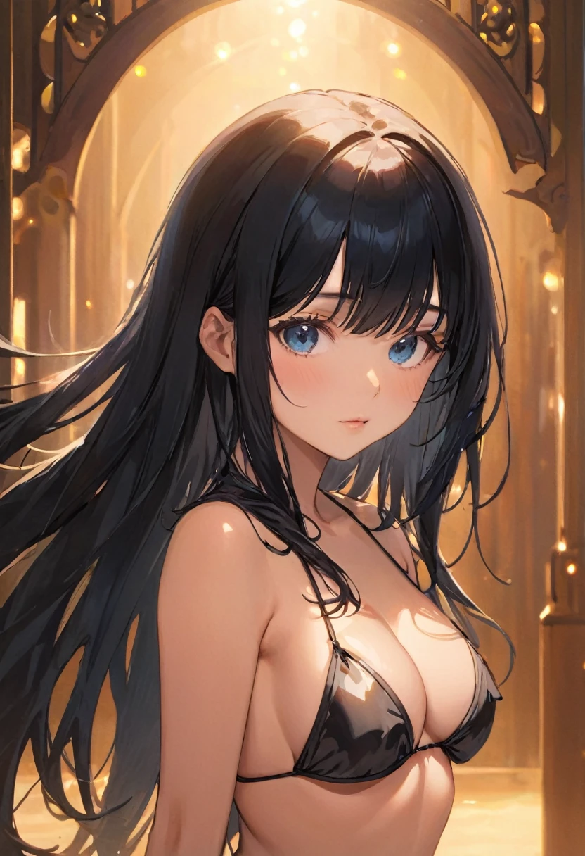 (masterpiece, best quality:1.6), cute eyes, beautiful eyes, ultra detailed face, beautiful face, raw photo, incredibly absurdres, backlighting, highres, sharp focus, highest detailed,
BREAK 1girl, long hair, black hair, straight hair, blunt bangs,
micro bikini,
BREAK from side, cowboy shot,