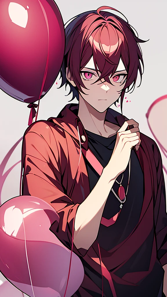 1man-boy,dark pink hair long,best quality,masterpiece,extremley,pink eyes,male focus, Cold eyes, holding balloons, wink, floating balloons leaves in background.