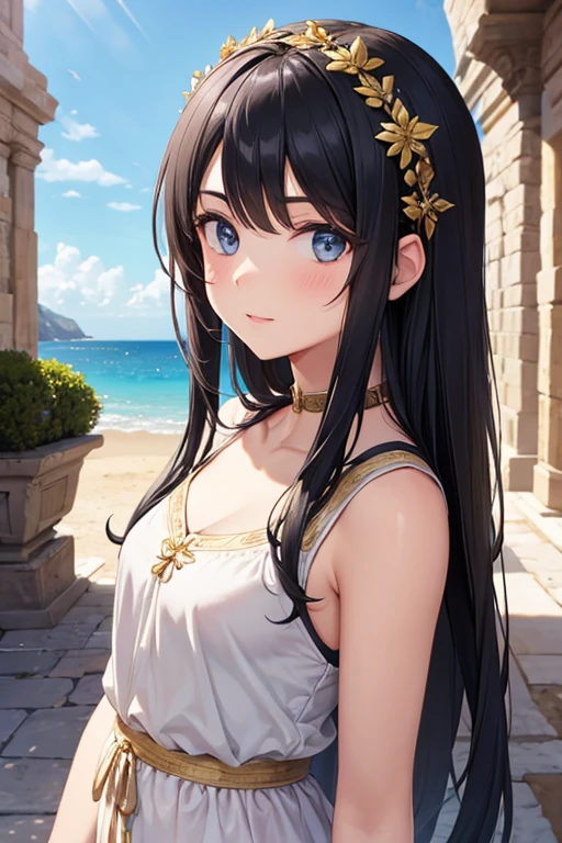 girl's face with Mediterranean features, ancient Roman hair, black hair
