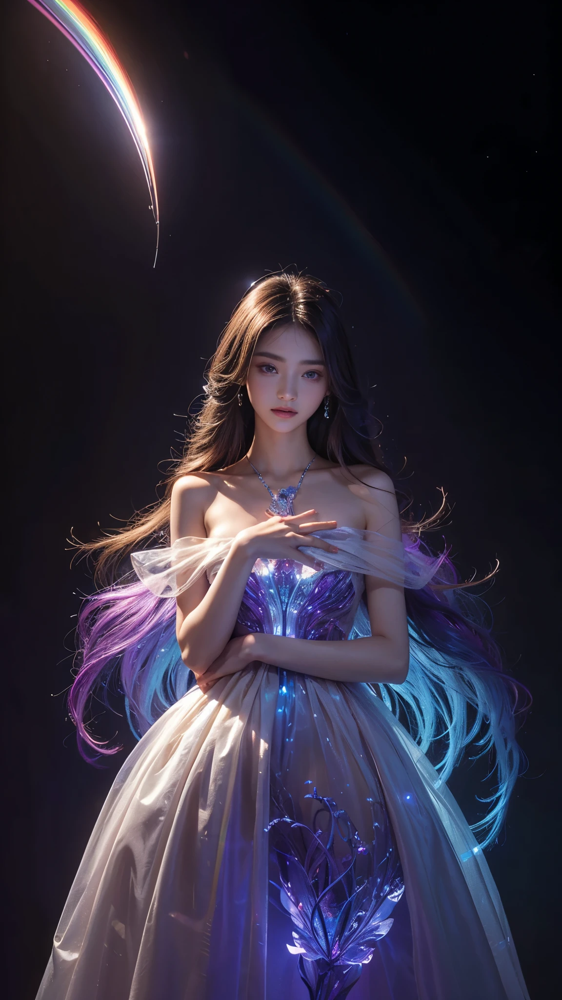 Full figure, seven -clinging shooting, 18 years old, wearing transparent science fiction dress, exquisite faces, details, hands, ultimate details, amazing magnificence, LED internal lighting, Pedaipan style, fiber hair, glowing rainbow iris, glowing rainbow iris,