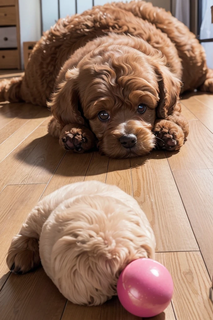 Brown toy poodle puppy、A scene of her lying on the floor with a pink ball in her mouth。The big eyes of the puppy are staring at the camera.、That expression is so adorable。Warm light shines in the background、The floor is wooden and shiny。The puppy's fur is fluffy、The overall atmosphere is cute.。