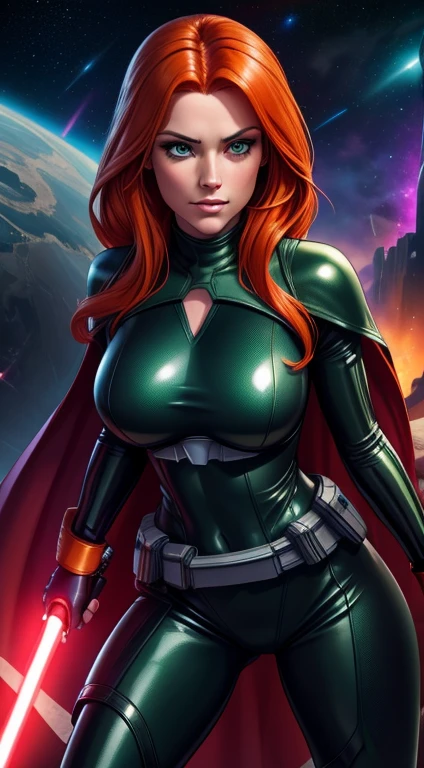 (best quality,8k:1.2,high resolution:1.2), (best quality:1.3), masterpiece, best quality, 8k, artstation, sharp focus, ultra realistic, high details,masterpiece, best quality, high res, detailed, (Detailed face:1.2), (Detailed eyes:1.2), (Perfect figure:1.2),ultra-detailed, volumetric lighting, depth of field, cinematic lighting, vintage science fiction, Star Wars based setting, extremely detailed face, long eyelashes, a upper body shot of a woman (Mara Jade), long orange hair, bright green eyes, a determined look, smirking and stoic gaze. She's wearing a tight shiny black leather suit, tan cape, gloves, silver utility belt and high-heel boots. She's holding a purple lightsaber. Background: Outer Space, cosmic clouds, Chain of fractal nebulae, cosmic, Celestial, cosmic, A vibrant and vivid entity, whirly, Spinning, unreal, High contrast, Symbolism, magical, mystic, mystic, Hyper-realistic, Supersaturation, Colorful.