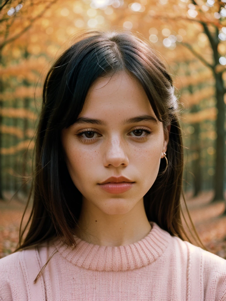 Elegant Minimalistic Photography, 1990s, (beautiful) Model wearing a pink jumper, Red Autumn Forest Background, Natural Lighting, chaos, minimalist, close-up portrait photo, (shot on Portra 400).