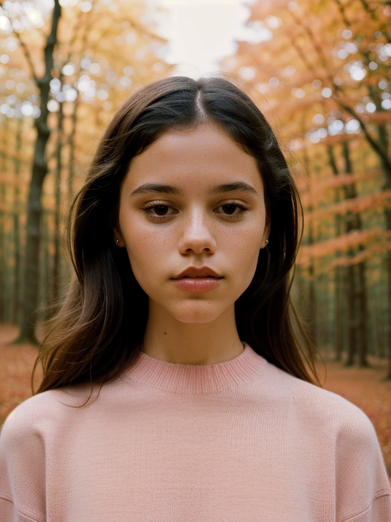 Elegant Minimalistic Photography, 1990s, (beautiful) Model wearing a pink jumper, Red Autumn Forest Background, Natural Lighting, chaos, minimalist, close-up portrait photo, (shot on Portra 400).