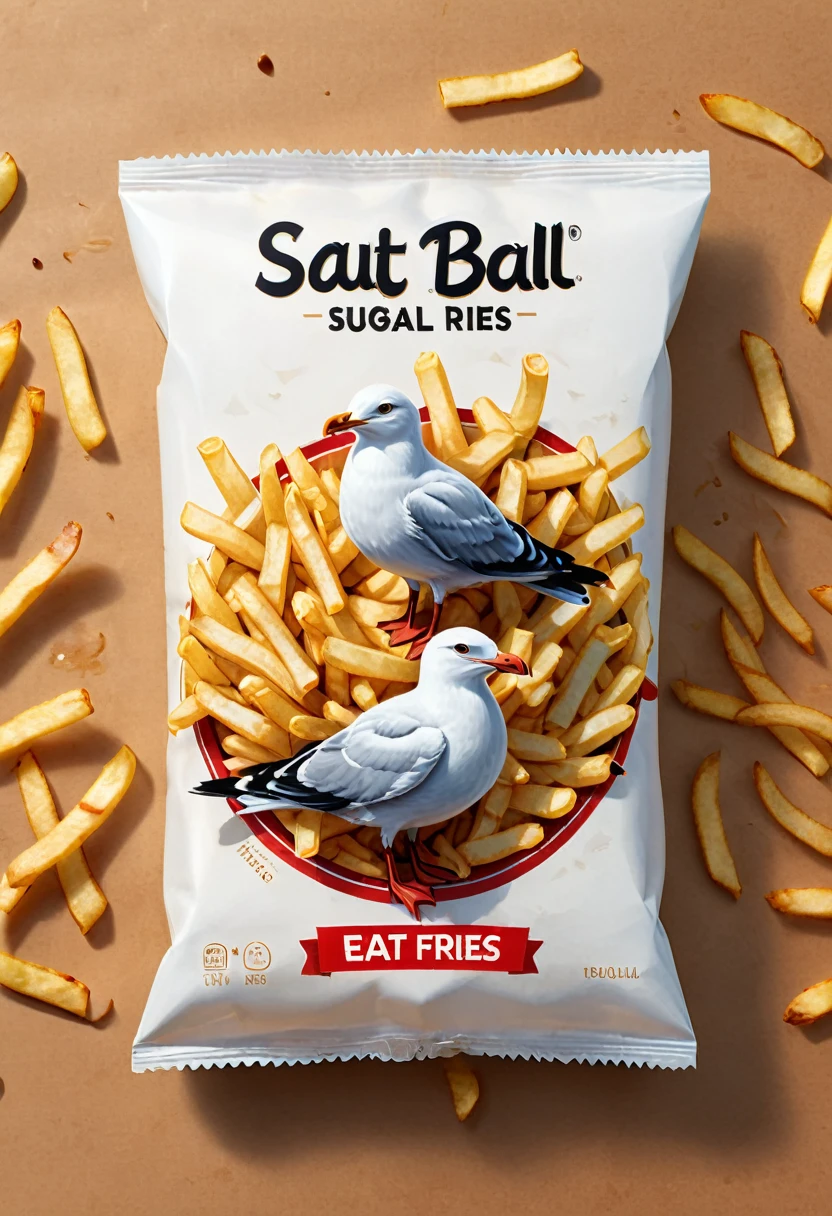 Modern packaging design, Fries packaging, (Seagull eat Fries), illustration, restaurant background, HD resolution, simple style, actual, Natural light, (masterpiece, best quality, Professional, perfect composition, very aesthetic, absurdres, ultra-detailed, intricate details:1.3)
