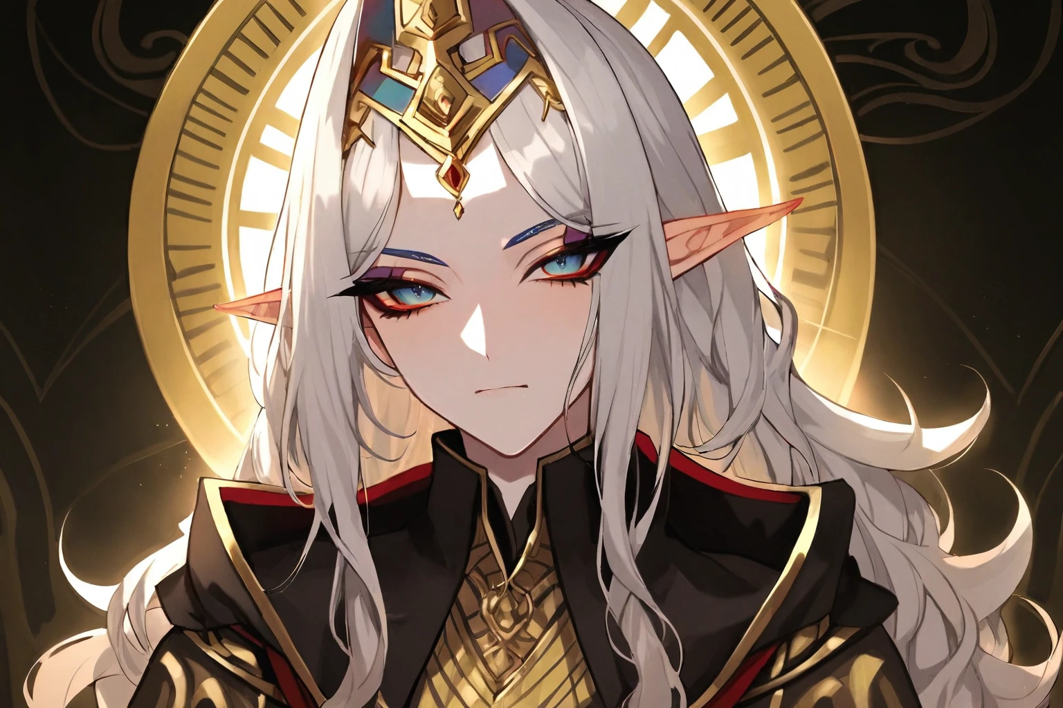 (yellow skin), (masterpiece),(highest quality),highres, (extremely detailed), ultrahires, altmer, male, pretty boy, anime guy, anime boy, dollish eyelashes, long wavy hair, portrait, smoky eyes, egyptian eyeliner, ostentatious brocade robes, ks hairdos, richly patterned robes, thalmor, strict, glamorous, gorgeous, stunning eyes, glowing jewelry, high elf, golden skin, dewy skin, bjd, glossy eyelids, vibrant, pointy chin, v shaped jaw, curly hair, domineering, proud, slender, lithe,