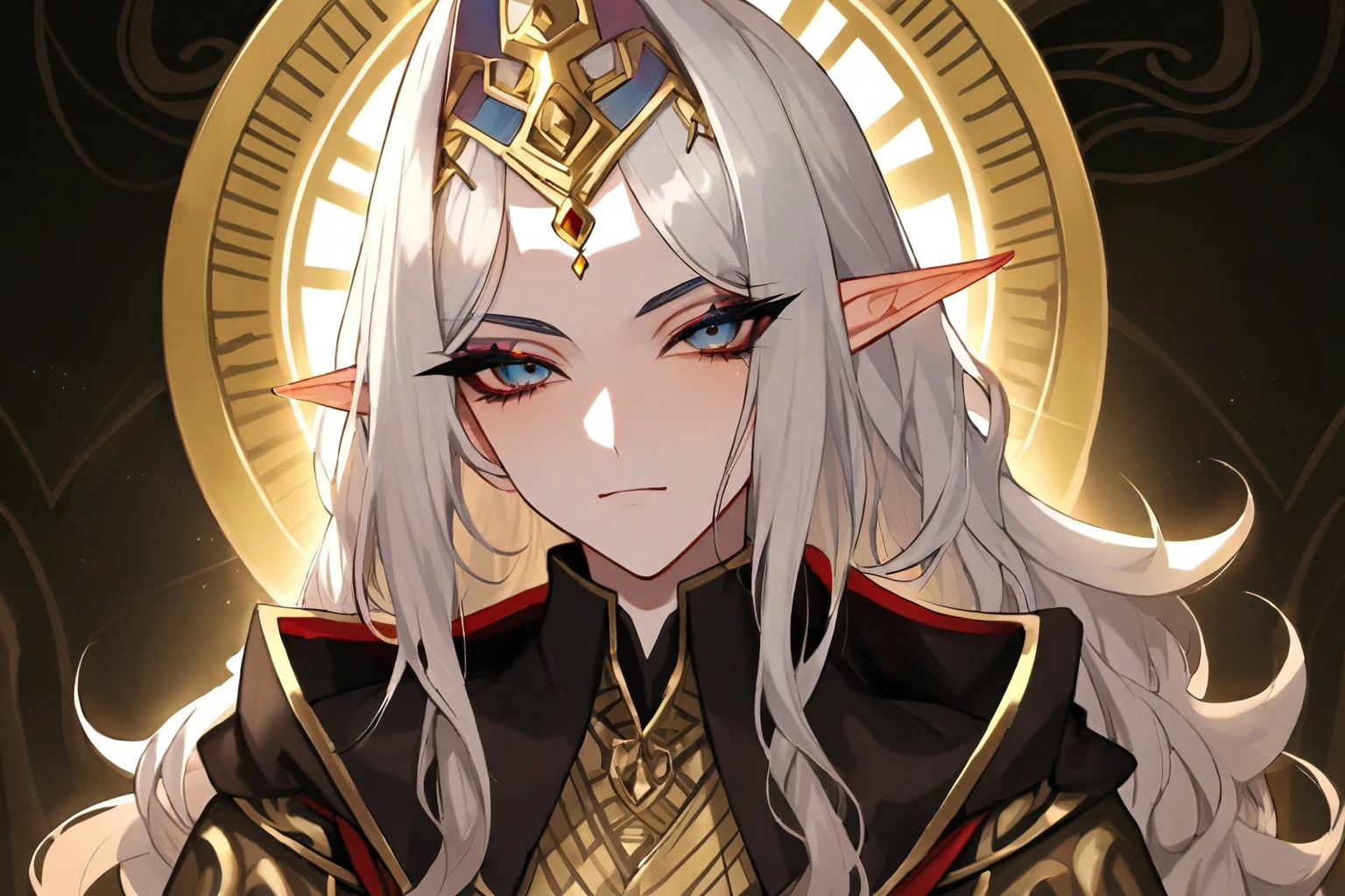 (yellow skin), (masterpiece),(highest quality),highres, (extremely detailed), ultrahires, altmer, male, pretty boy, anime guy, anime boy, dollish eyelashes, long wavy hair, portrait, smoky eyes, egyptian eyeliner, ostentatious brocade robes, ks hairdos, richly patterned robes, thalmor, strict, glamorous, gorgeous, stunning eyes, glowing jewelry, high elf, golden skin, dewy skin, bjd, glossy eyelids, vibrant, pointy chin, v shaped jaw, curly hair, domineering, proud, slender, lithe,