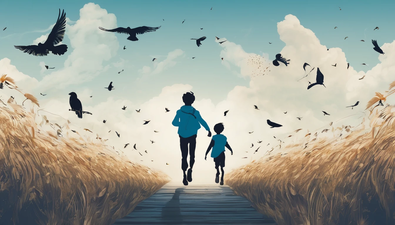 Create a professional, fantastic, cinematic Youtube Banner Art for a brand about music and stories called " Penamemoria". The title in the center is" Penamemoria". Penamemoria is a brand about the creative, unique journey of a boy into becoming a musician storyteller. In his journey he finds inspiration in a world of birds and feathers. Minimalistic, simple, poetic, dreamy logotype at the center of the image. The Background image is a world full of fantastic feathers, unique birds, light blue sky, and a boy running happily into the horizon with an acoustic guitar in his right hand. Boy running against the wind, almost simulating like he is flying