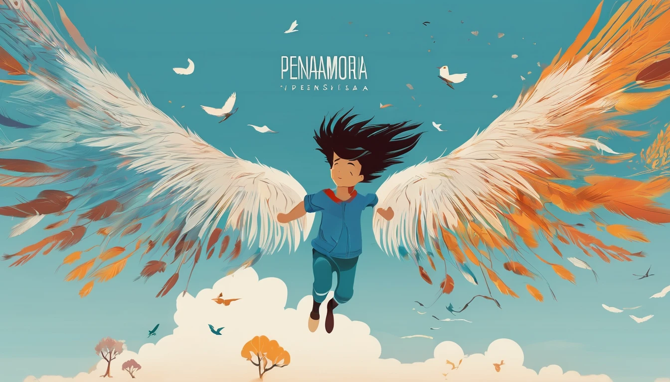 Create a professional, fantastic, cinematic Youtube Banner Art for a brand about music and stories called " Penamemoria". The title in the center is" Penamemoria". Penamemoria is a brand about the creative, unique journey of a boy into becoming a musician storyteller. In his journey he finds inspiration in a world of birds and feathers. Minimalistic, simple, poetic, dreamy logotype at the center of the image. The Background image is a world full of fantastic feathers, unique birds, light blue sky, and a boy running happily into the horizon with an acoustic guitar in his right hand. Boy running against the wind, almost simulating like he is flying
