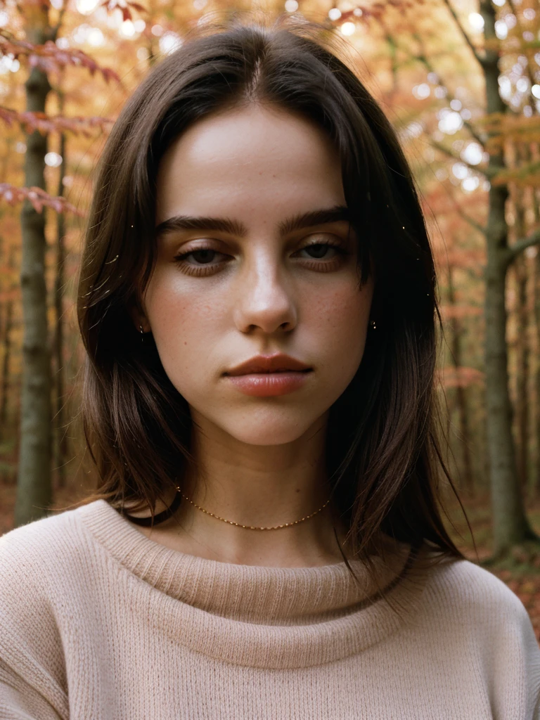 Elegant Minimalistic Photography, 1990s, (beautiful) Model wearing a pink jumper, Red Autumn Forest Background, Natural Lighting, chaos, minimalist, close-up portrait photo, (shot on Portra 400).