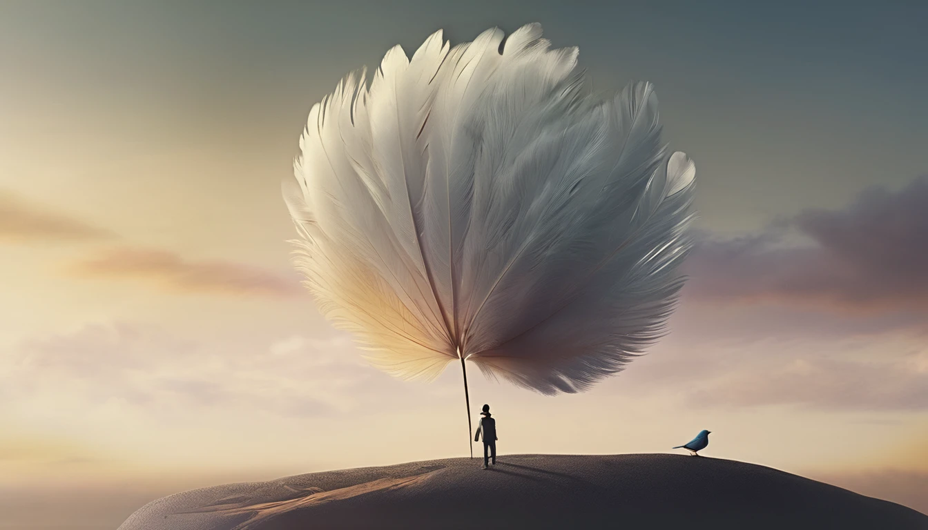 masterpiece, 4k, sharp focus, highest quality,wide shot. Imagine a book cover that conveys a sense of nostalgia and storytelling. The title of the book is " Penamemoria". Is a book about the creative, unique journey of a boy into becoming a musician storyteller. In his journey he finds a magical feather and a dreamy bird. Minimalistic, modern, dreamy logotype at the bottom of the book cover