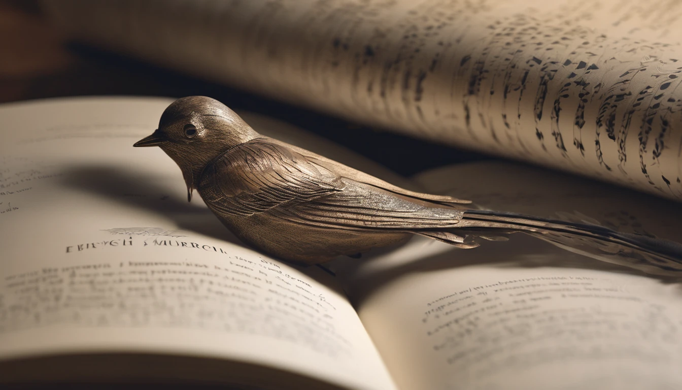 masterpiece, 4k, sharp focus, highest quality,wide shot. Imagine a book cover that conveys a sense of nostalgia and storytelling. The title of the book is " Penamemoria". Is a book about the creative, unique journey of a boy into becoming a musician storyteller. In his journey he finds a magical feather and a dreamy bird. Minimalistic, modern, dreamy logotype at the bottom of the book cover
