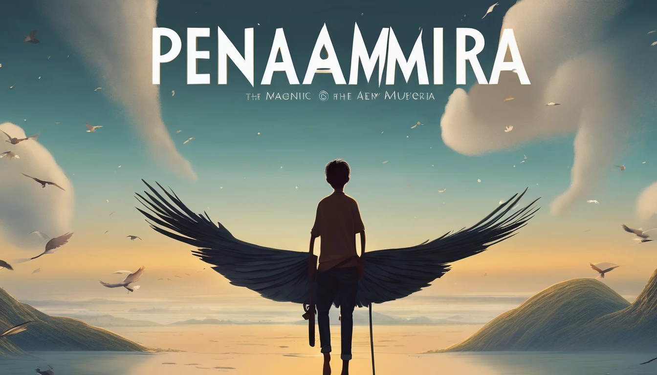 masterpiece, 4k, sharp focus, highest quality,wide shot. Imagine a book cover that conveys a sense of nostalgia and storytelling. The title of the book is " Penamemoria". Is a book about the creative, unique journey of a boy into becoming a musician storyteller. In his journey he finds a magical feather and a dreamy bird. Minimalistic, modern, dreamy logotype at the bottom of the book cover