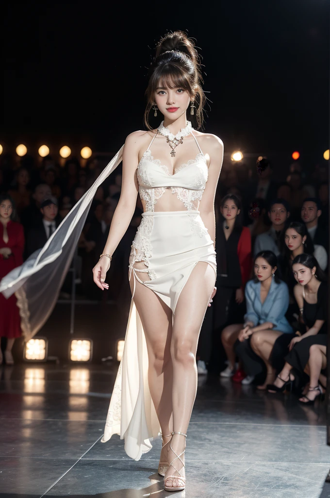 1girl,bangs,bare arms,collar,maxi white lace cheongsam,detailed background,brown eyes,brown hair,cleavage,earrings,necklace,full body,jewelry,flat chest,ponytail,looking at viewer,makeup,night scene,red lips,signature,smile,solo,standing,thighs,slender legs,high heels,On the T-stage,catwalk,fashion show,Surrounded by crowded crowds on both sides of the stage,neon lights