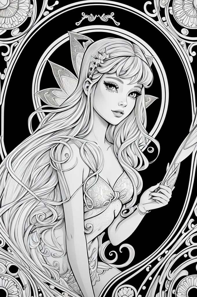 A sexy fairy, clean line art, printable black and white adult coloring page, detailed fairy face, beautiful detailed eyes, beautiful detailed lips, delicate fairy features, intricate fairy wings, ornate fairy dress, fantasy fairy character, whimsical fairy illustration, elegant fairy pose, ethereal fairy atmosphere, high contrast black and white, minimalist line art, simple coloring page design, adult coloring book style, printable digital download, hand-drawn fairy artwork, detailed line work, high quality digital illustration