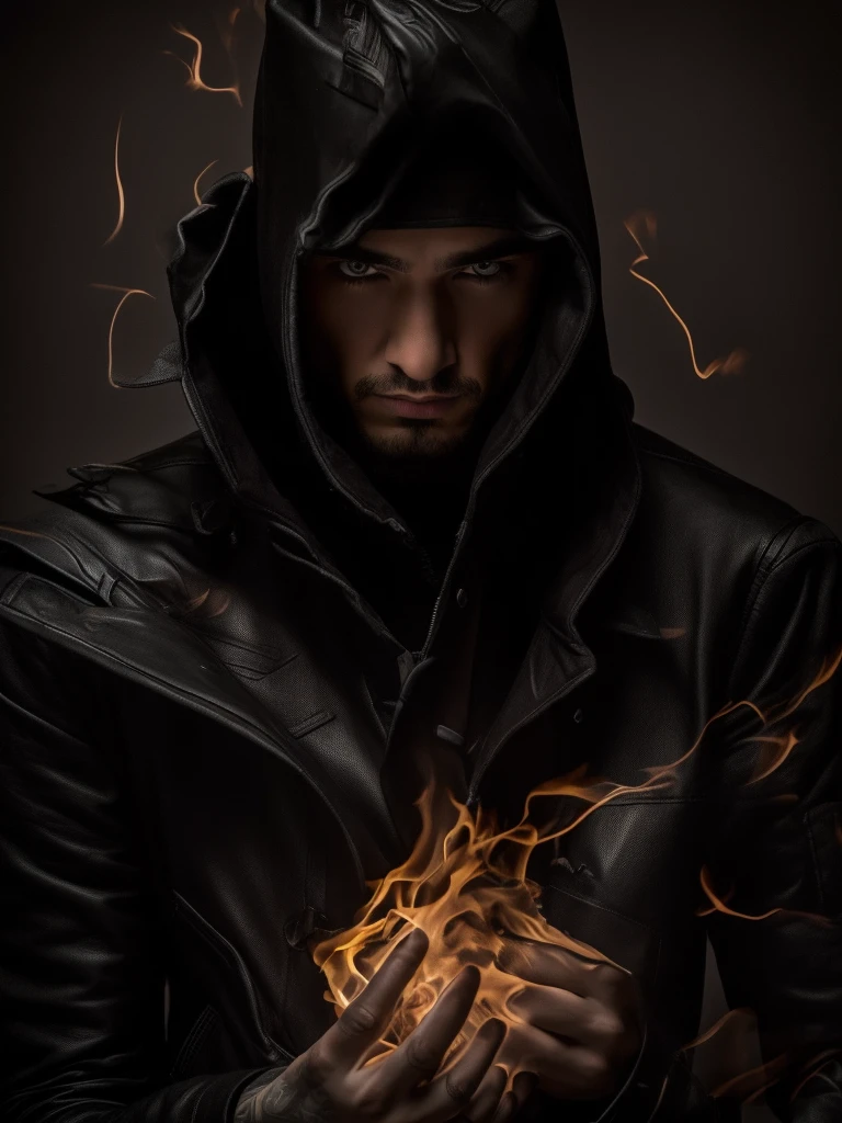 Man, 30 old, leather jacket and black T-short, tattoos , with a bat in his hands, flame 