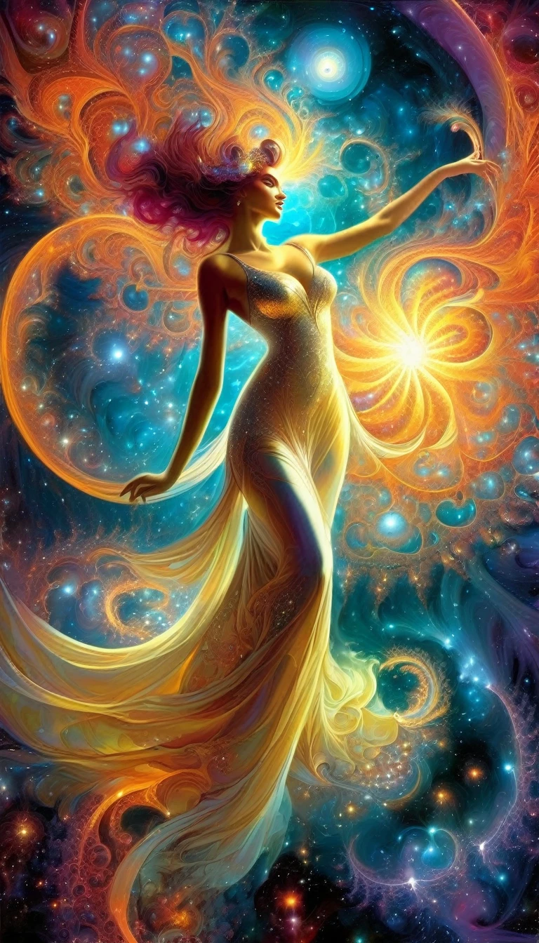 the goddess of lust, beautiful, sexy, hot spring gardens, stars, cosmos, fractal art, (art inspired by Bill Sienkiewicz). oil painting)